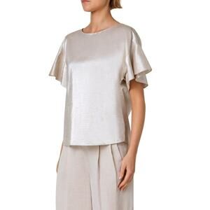 AKRIS PUNTO Metallic Italian Linen Boxy Drop Shoulder Flutter Sleeve Top 2 $835